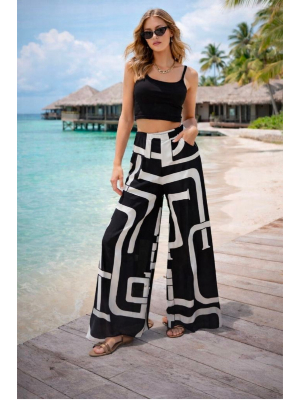 Elan Beach Black White Geometric Wide Leg Palazzo Pants Resort Vacation